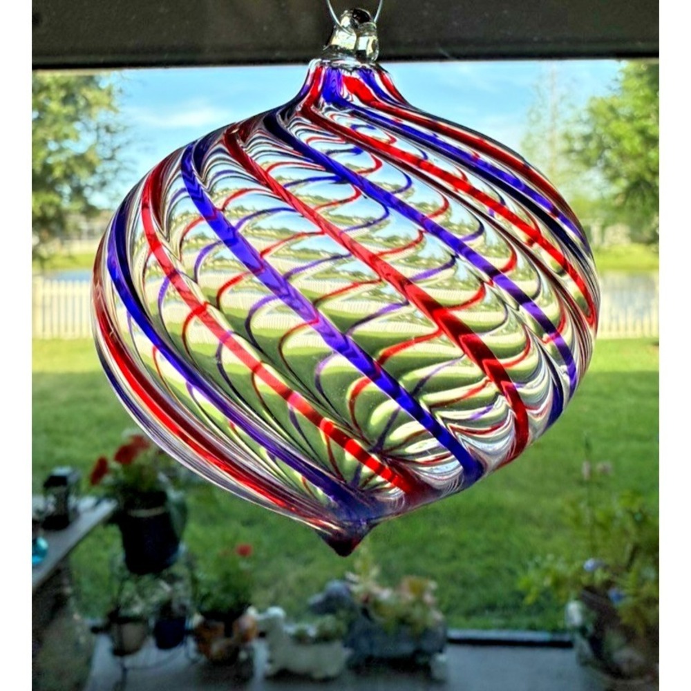 Hand Blown Art Glass Swirl Ornament Red Blue Suncatcher 3" Summer